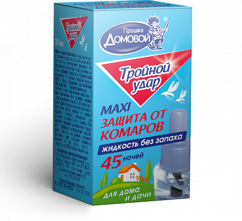 ДОМОВОЙ ПРОШКА Жидкость от комаров Тройной удар, 45 ночей